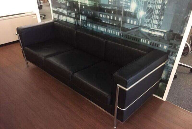 Le Corbusier style 2 & 3 seater black leather sofas, from