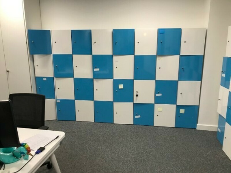 Blue and white wooden lockers