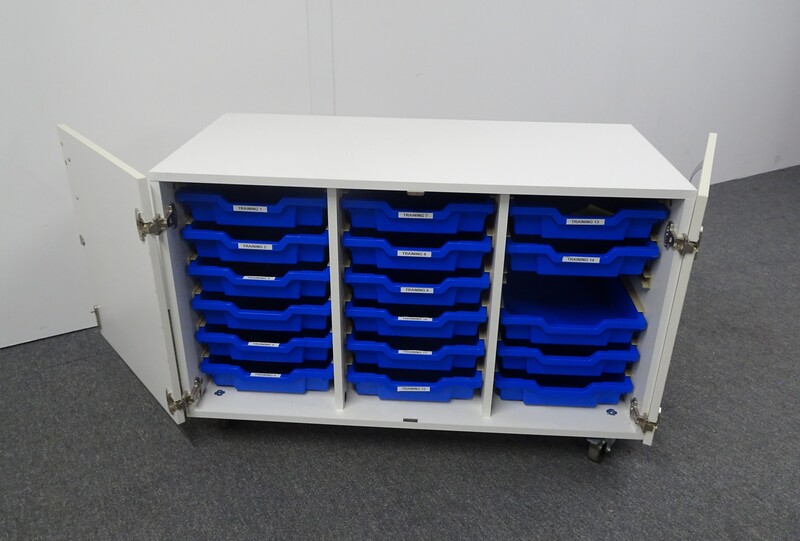 White Mobile storage unit with 17 blue gratnells trays