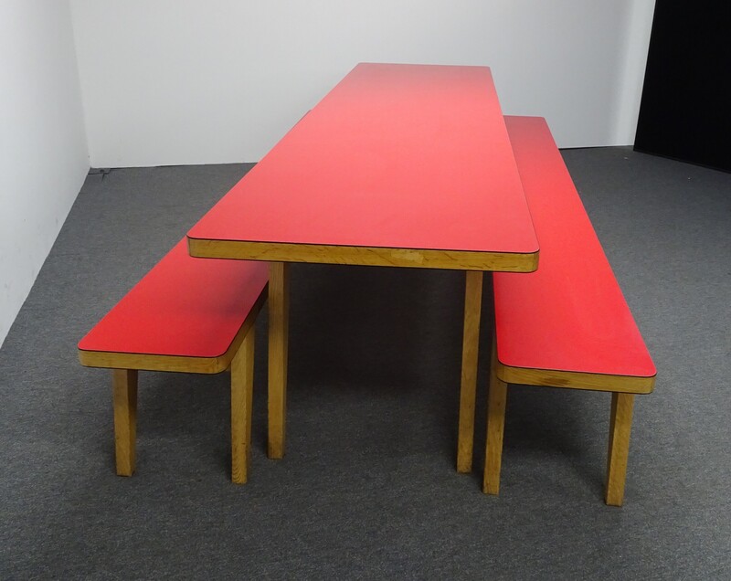 Table amp 2 Benches in Red amp Oak Satin Laminate