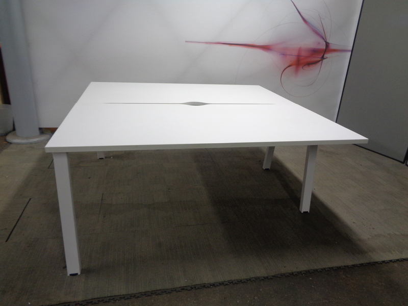 1600w mm White Elite Linea Bench Desks with White Legs