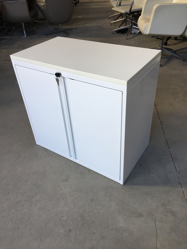 White desk high cupboards with wooden top