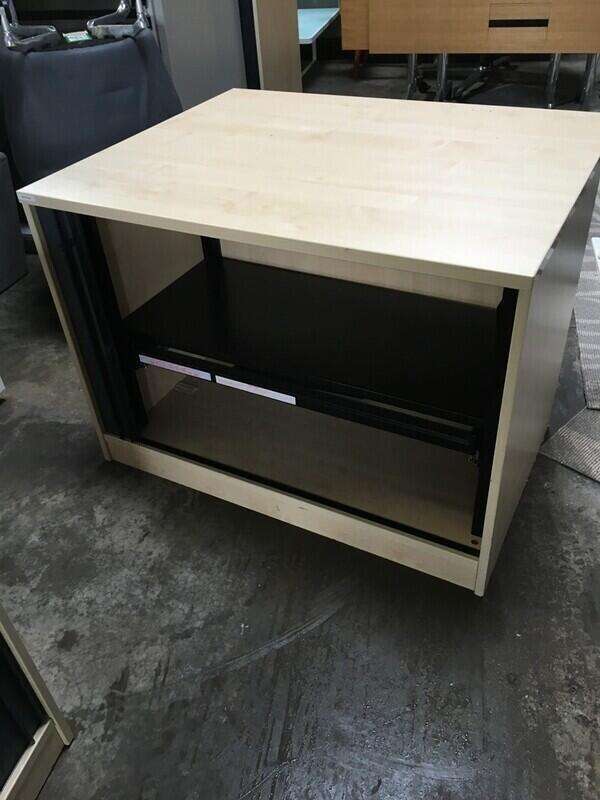 Desk high maple/graphite tambour cupboard