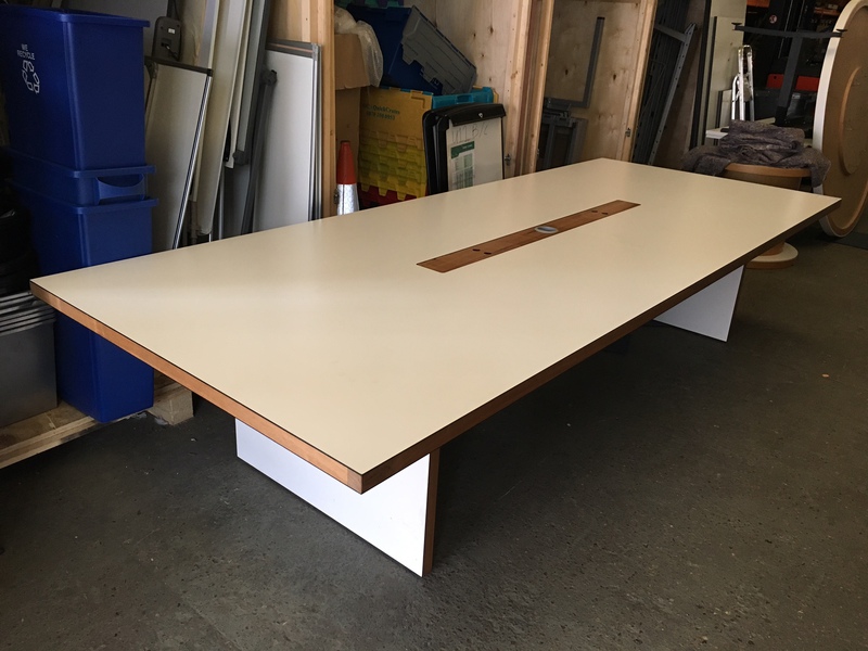 3500 x 1400mm white boardroom table with walnut inserts