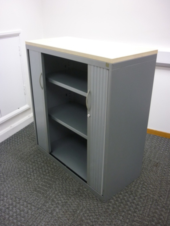 1100mm high Steelcase tambour cupboards with shelves