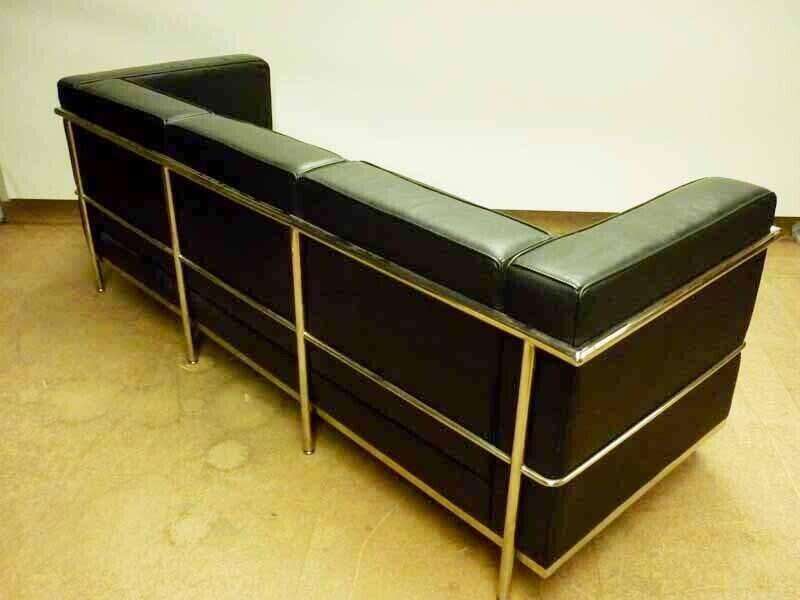 Le Corbusier style 2 & 3 seater black leather sofas, from