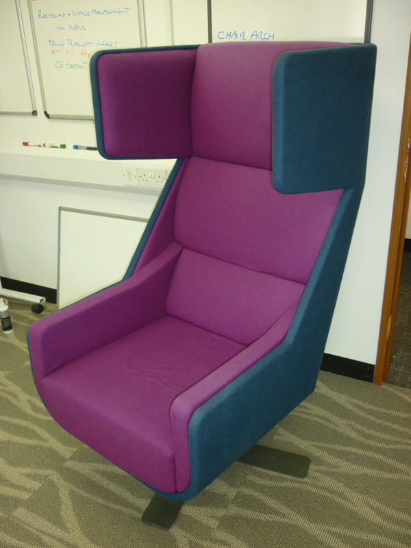 Modern blue  magenta wing back chair 