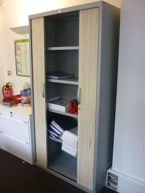 1950mm high JG Group silver/wood tambour cupboard