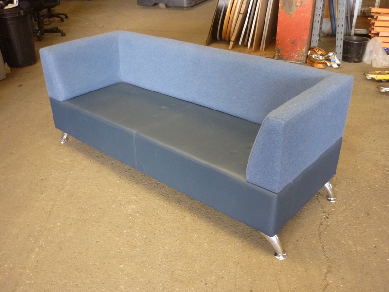 Blue faux leather and fabric 2 seater sofa