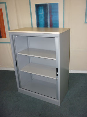 1350mm high silver/maple metal side tambour cupboard,  