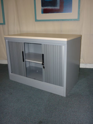 Desk high silver/maple side tambour cupboards