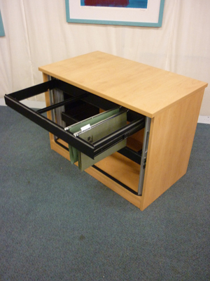 Beech desk high tambour cupboard
