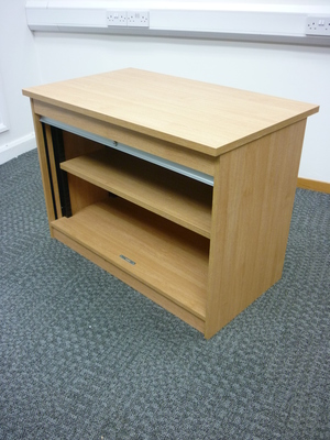 Desk high oak with silver tambour front cupboard