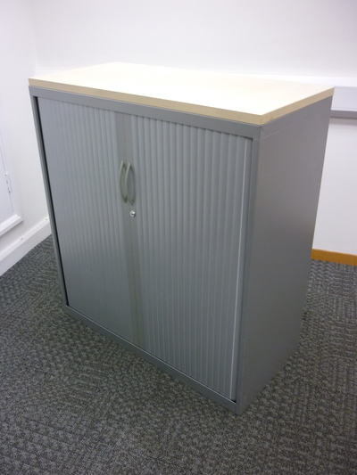 1100mm high Steelcase silver/maple tambour cupboard with rollouts