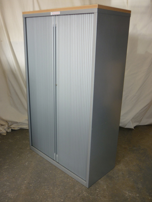 Silver 1650mm high tambour cupboard with beech top
