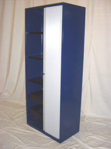 Blue steel cupboard with side opening tambour