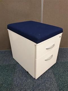 White Metal Pedestal with Blue Cushioned Top