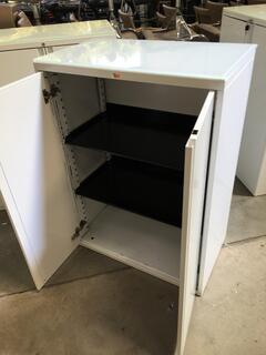 1080mm high white metal cupboards with glass tops