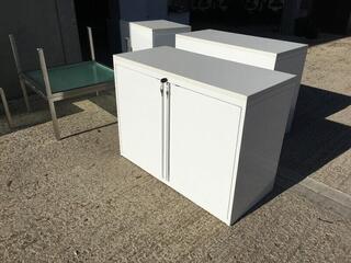 White desk high cupboards with wooden top