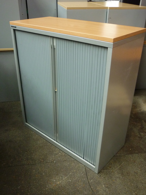 additional images for 1100mm high Haworth silver tambour cupboard with oak top