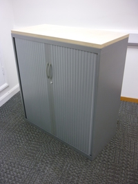 additional images for 1100mm high Steelcase silver/maple tambour cupboard with rollouts