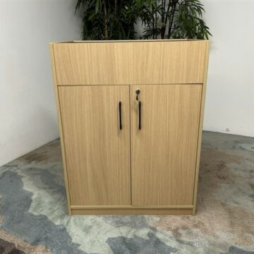 A light wood cabinet with two doors and black handles stands on a carpeted floor against a white wall, with a tall green plant partially visible behind it.