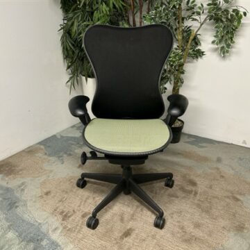 A modern office chair with a black frame, curved backrest, armrests, and a light green mesh seat sits on a wheeled base. The chair is positioned on a textured carpet near a leafy green plant.